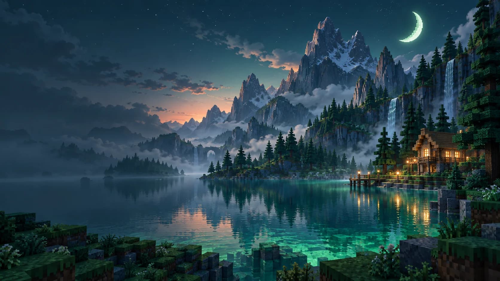 A moonlit block-built mountain world, with a lakeside cabin and glowing turquoise water